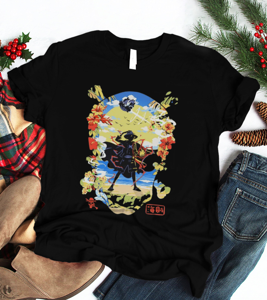 Monkey D Luffy One Piece Hat Pirate Beach Scene Floral Surrounding T-Shirt