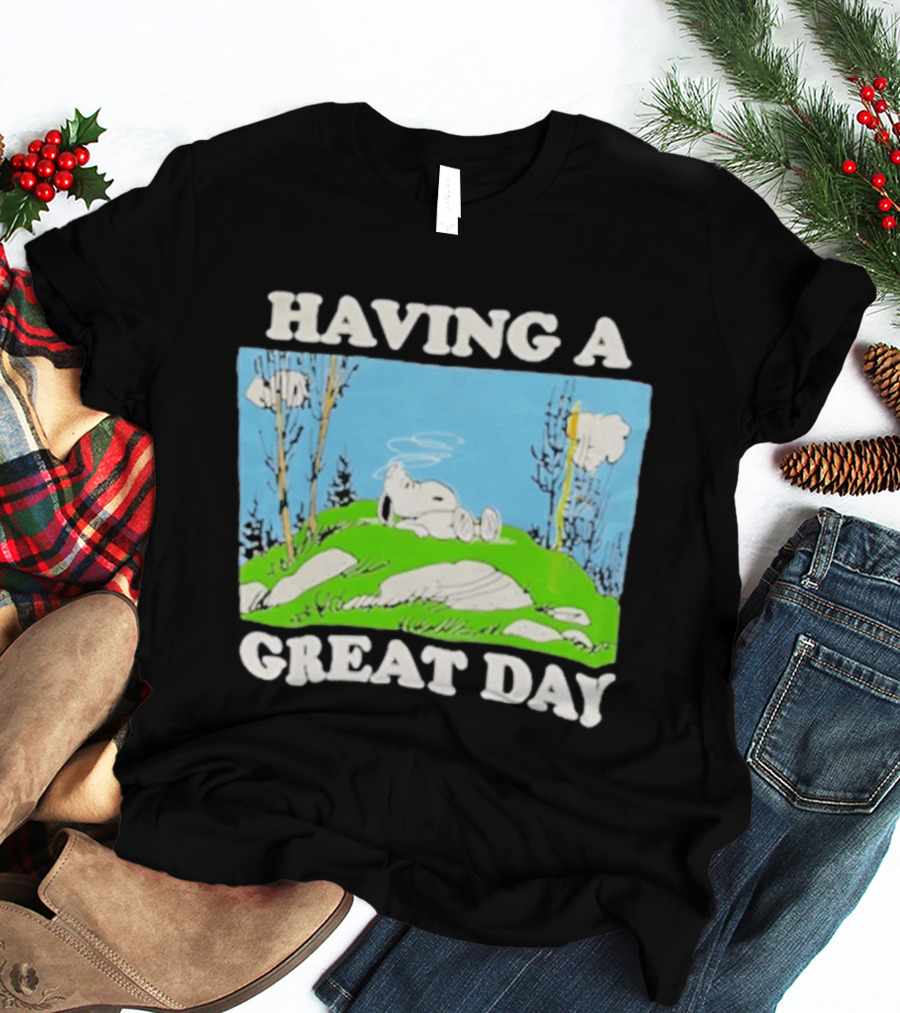 Snoopy Having A Great Day Relaxing On The Green Hill With Blue Sky And Clouds T-Shirt