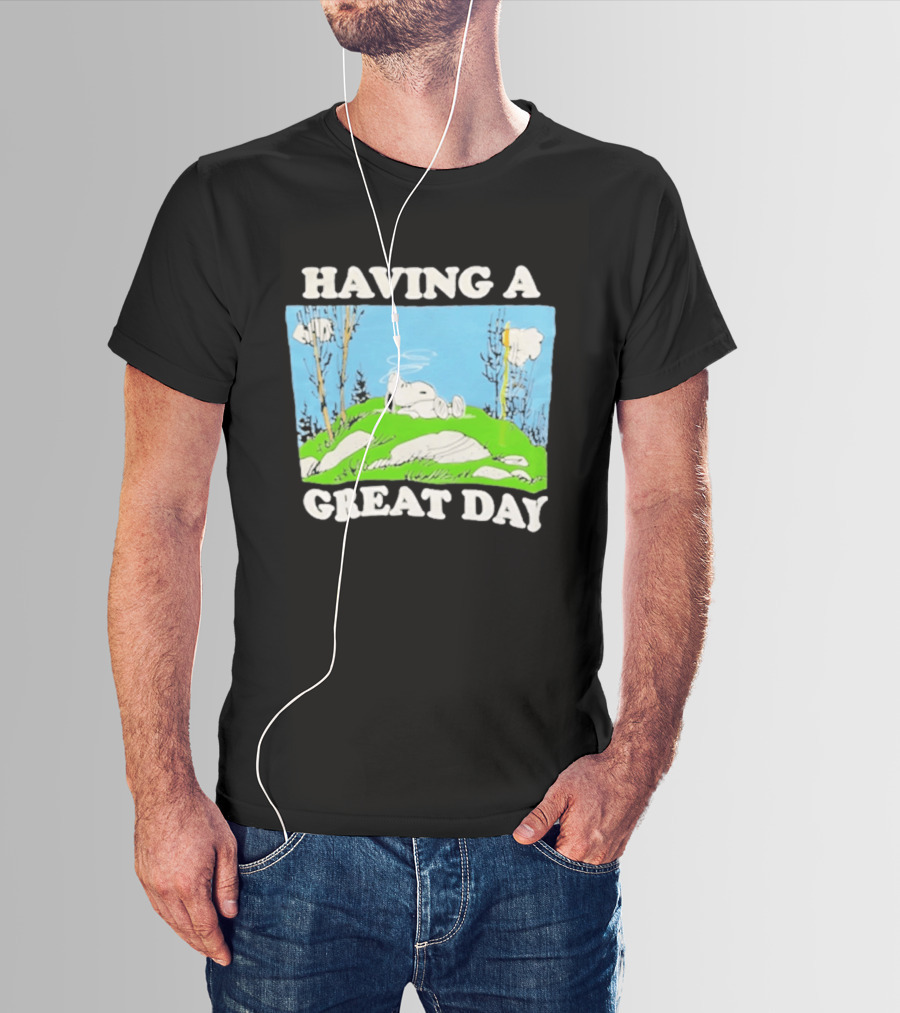 Snoopy Having A Great Day Relaxing On The Green Hill With Blue Sky And Clouds T-Shirt