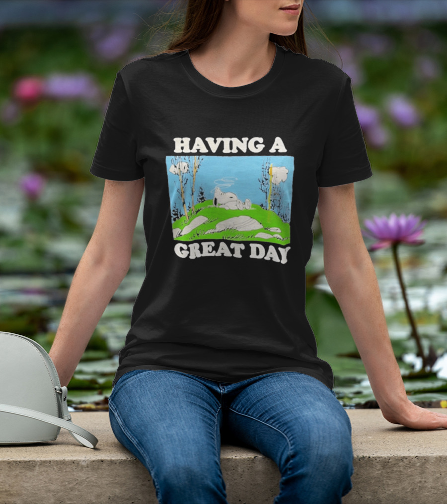Snoopy Having A Great Day Relaxing On The Green Hill With Blue Sky And Clouds T-Shirt
