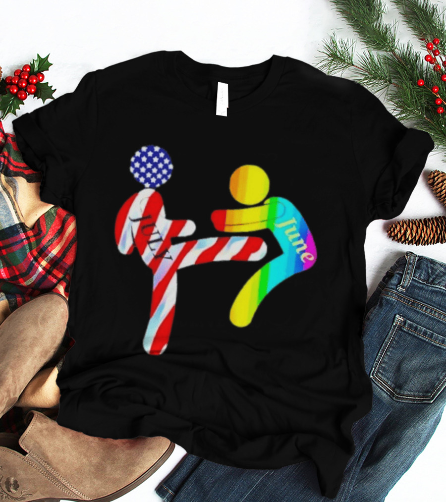 July Independence Kick With June Pride Month Rainbow Flag USA Stars And Stripes T-Shirt
