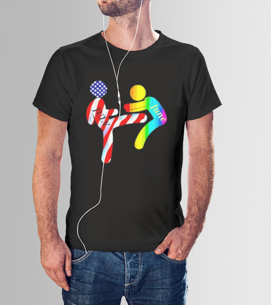 July Independence Kick With June Pride Month Rainbow Flag USA Stars And Stripes T-Shirt