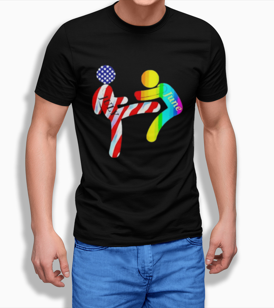 July Independence Kick With June Pride Month Rainbow Flag USA Stars And Stripes T-Shirt