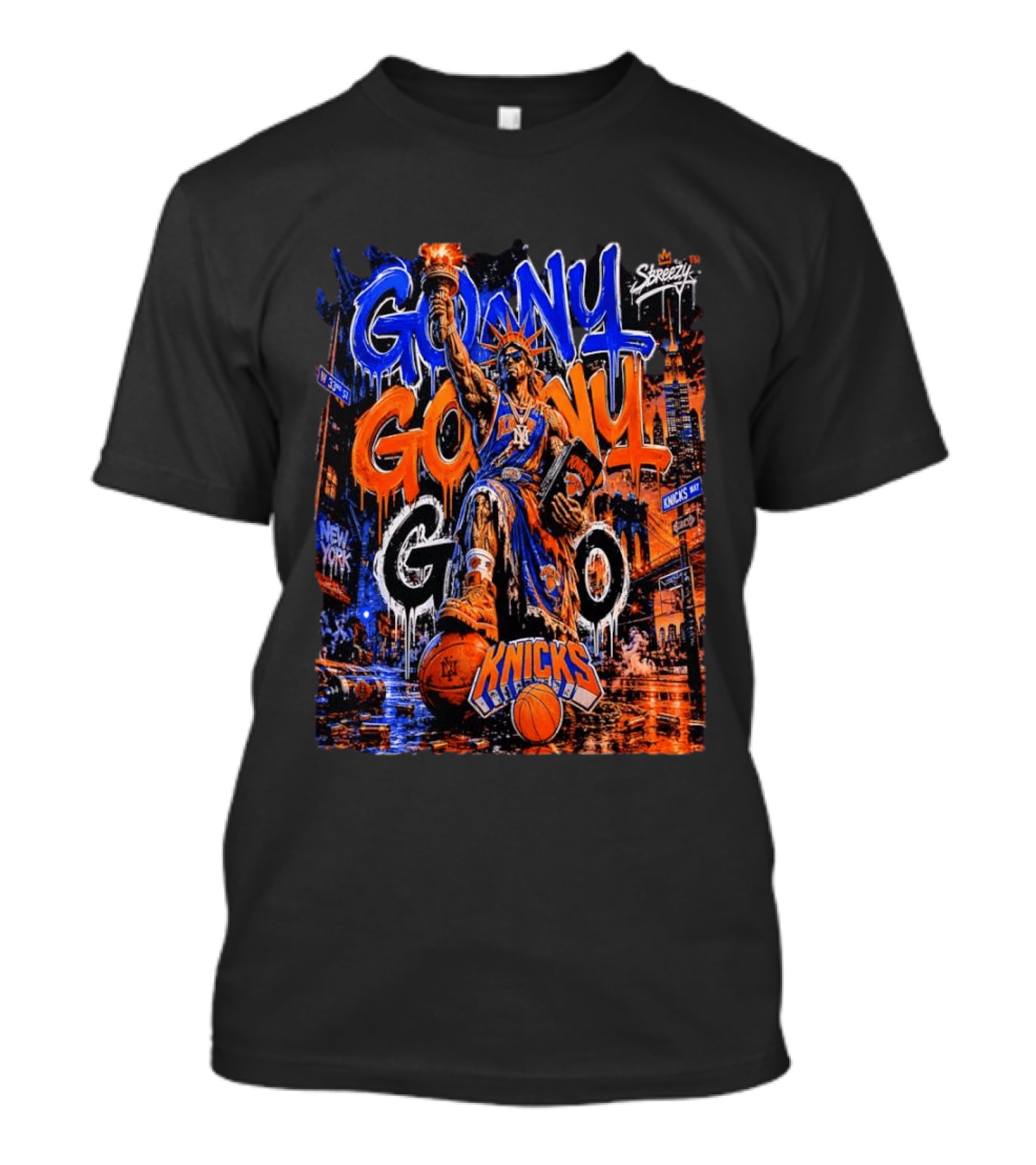 GO NY GO NY GO Knicks Basketball Statue Street T-Shirt