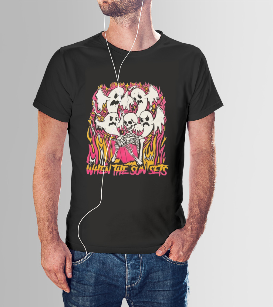 When The Sun Sets Ghost And Skeleton Illustration With Vibrant Pink And Yellow Flames T-Shirt
