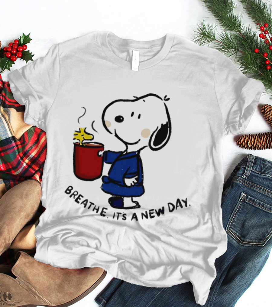 Snoopy And Woodstock Breathe It's A New Day Coffee Relaxation T-Shirt