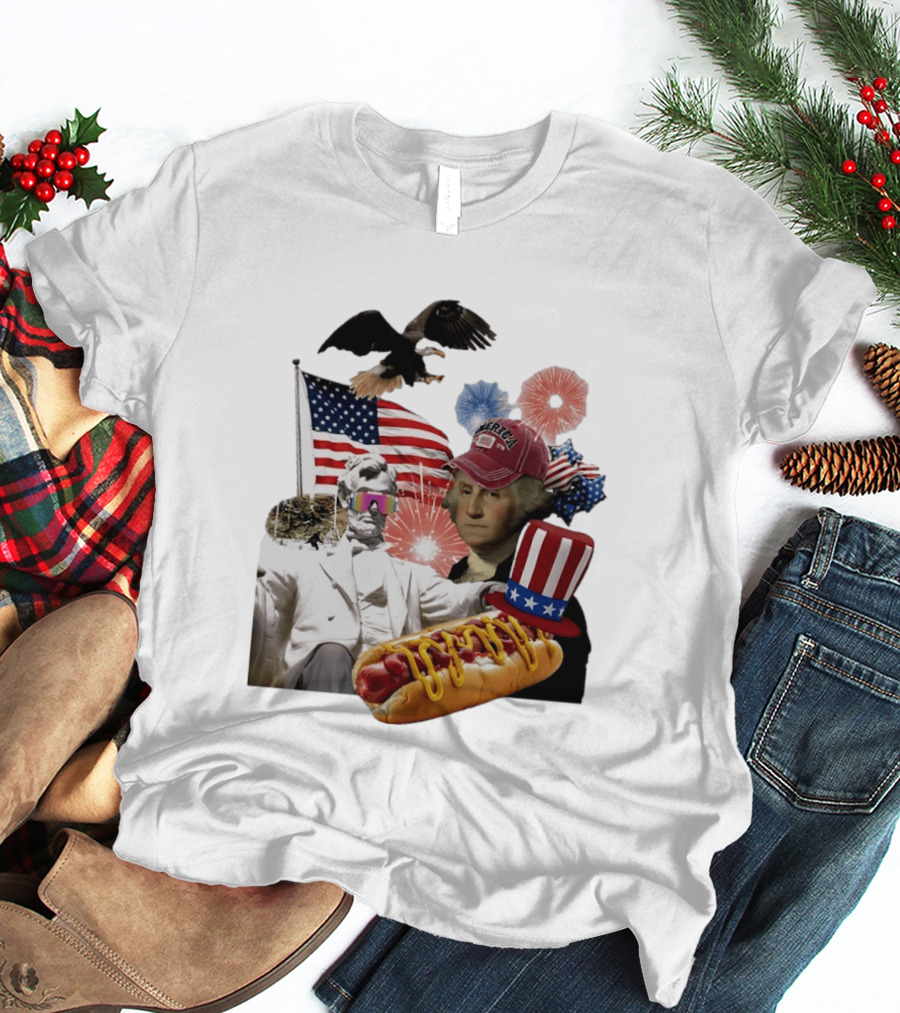Merica Abraham Lincoln George Washington Hot Dog Eagle Fireworks Patriotic Celebration T-Shirt