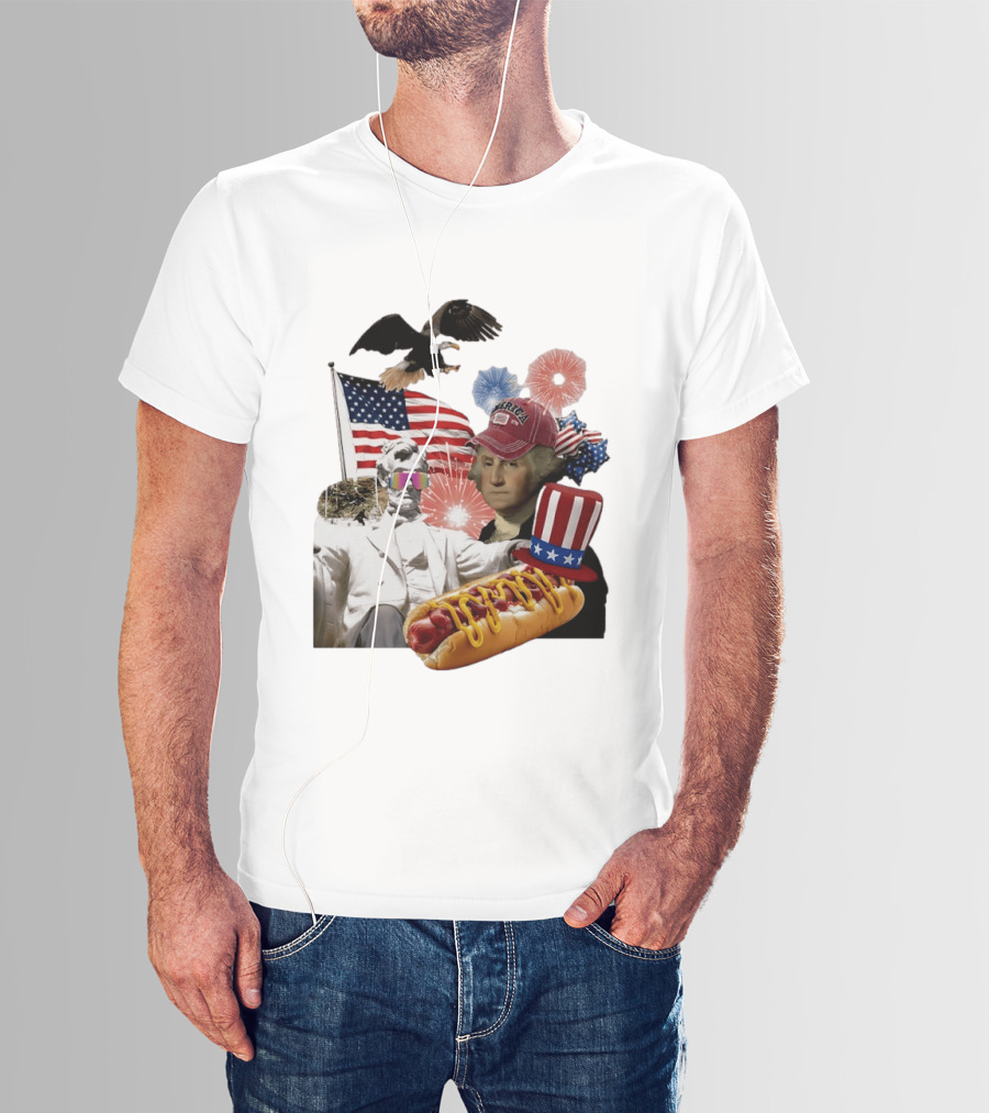 Merica Abraham Lincoln George Washington Hot Dog Eagle Fireworks Patriotic Celebration T-Shirt