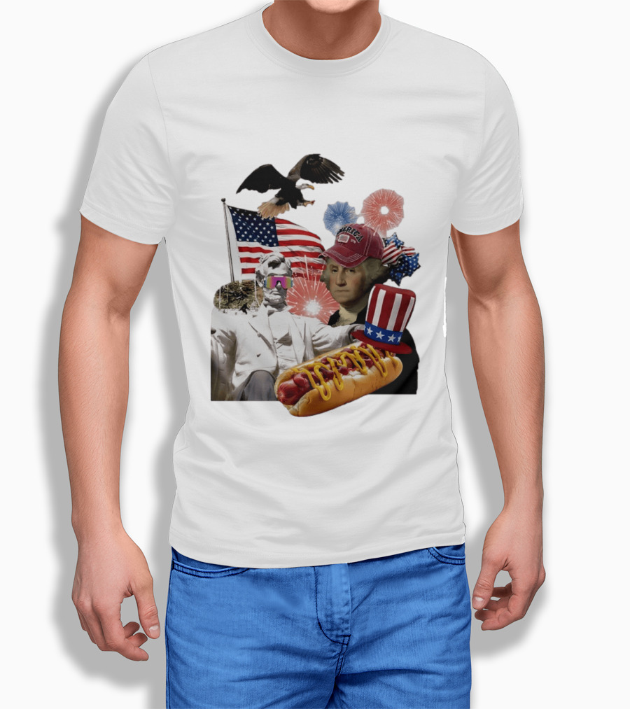 Merica Abraham Lincoln George Washington Hot Dog Eagle Fireworks Patriotic Celebration T-Shirt