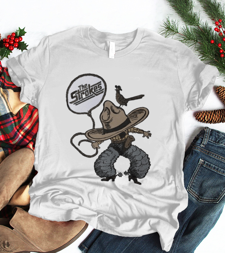 The Strokes Tour 2026 Illustrated Cowboy Holding Lasso With Bird And Cowboy Hat T-Shirt