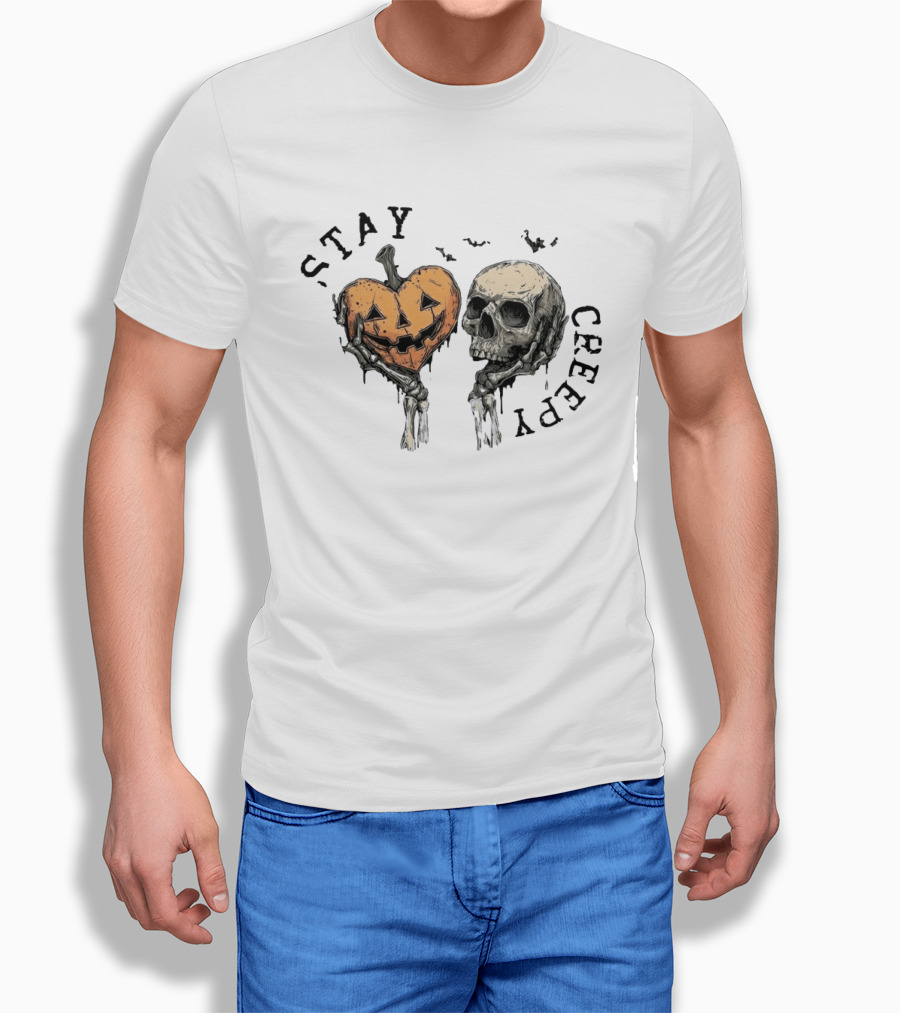 Stay Creepy Pumpkin Skull Halloween Spooky Skeleton Hands T-Shirt