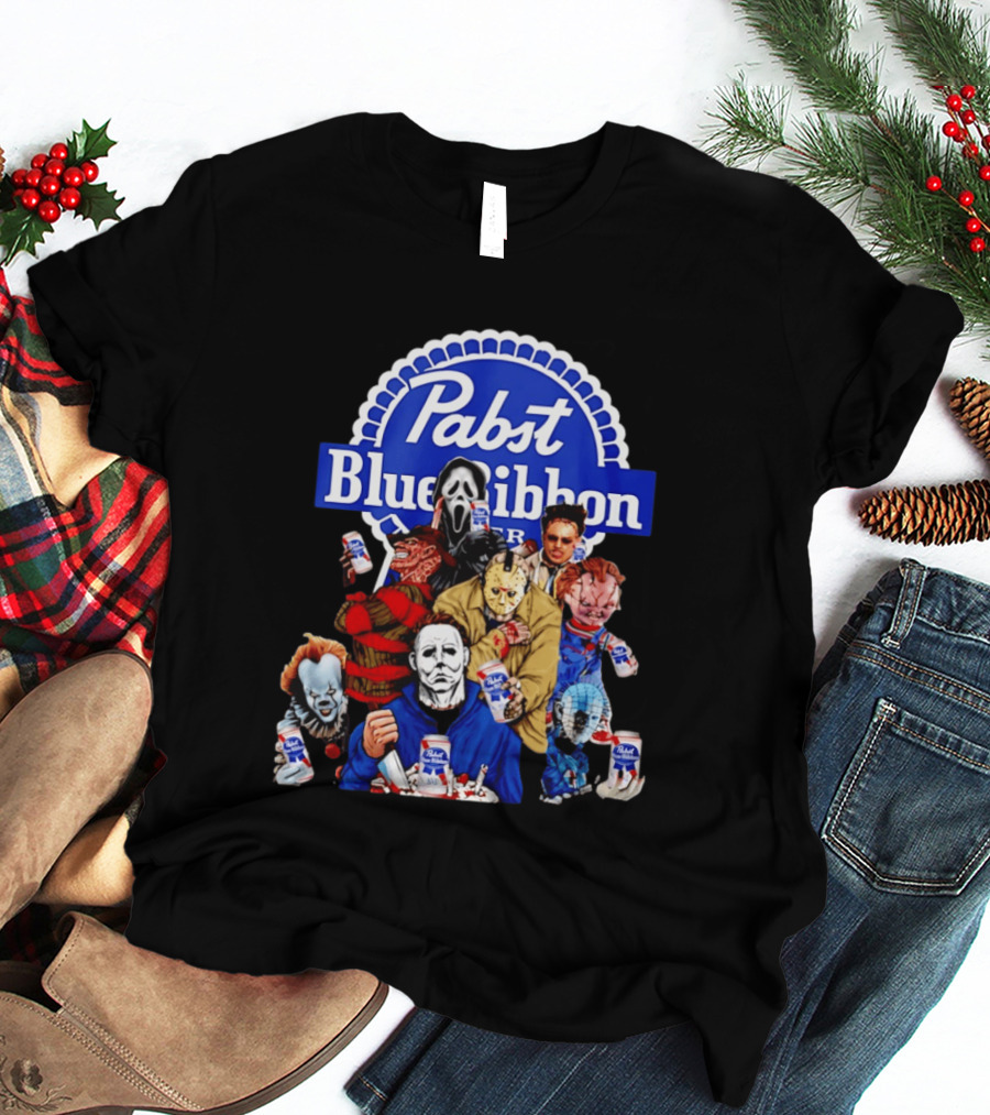 Pabst Blue Ribbon Horror Movie Characters Drinking Beer T-Shirt