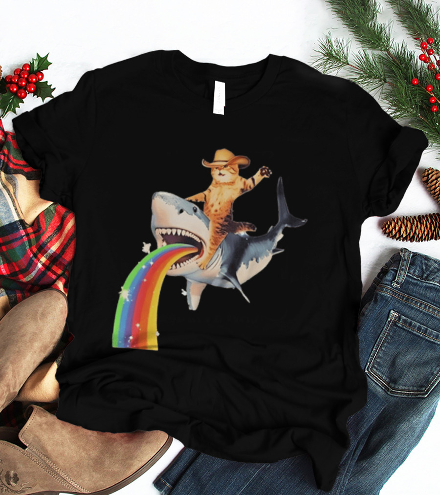 Cowboy Cat Riding Shark With Rainbow T-Shirt
