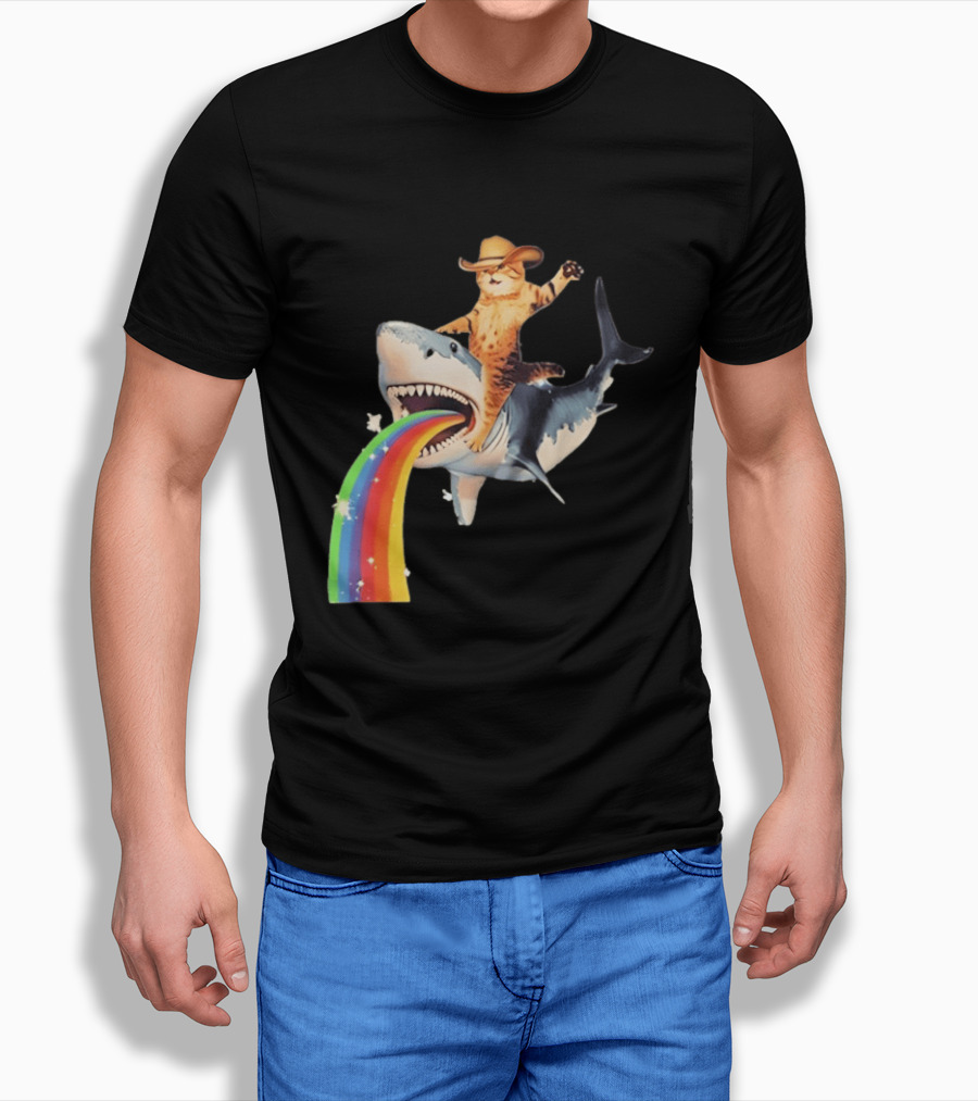 Cowboy Cat Riding Shark With Rainbow T-Shirt