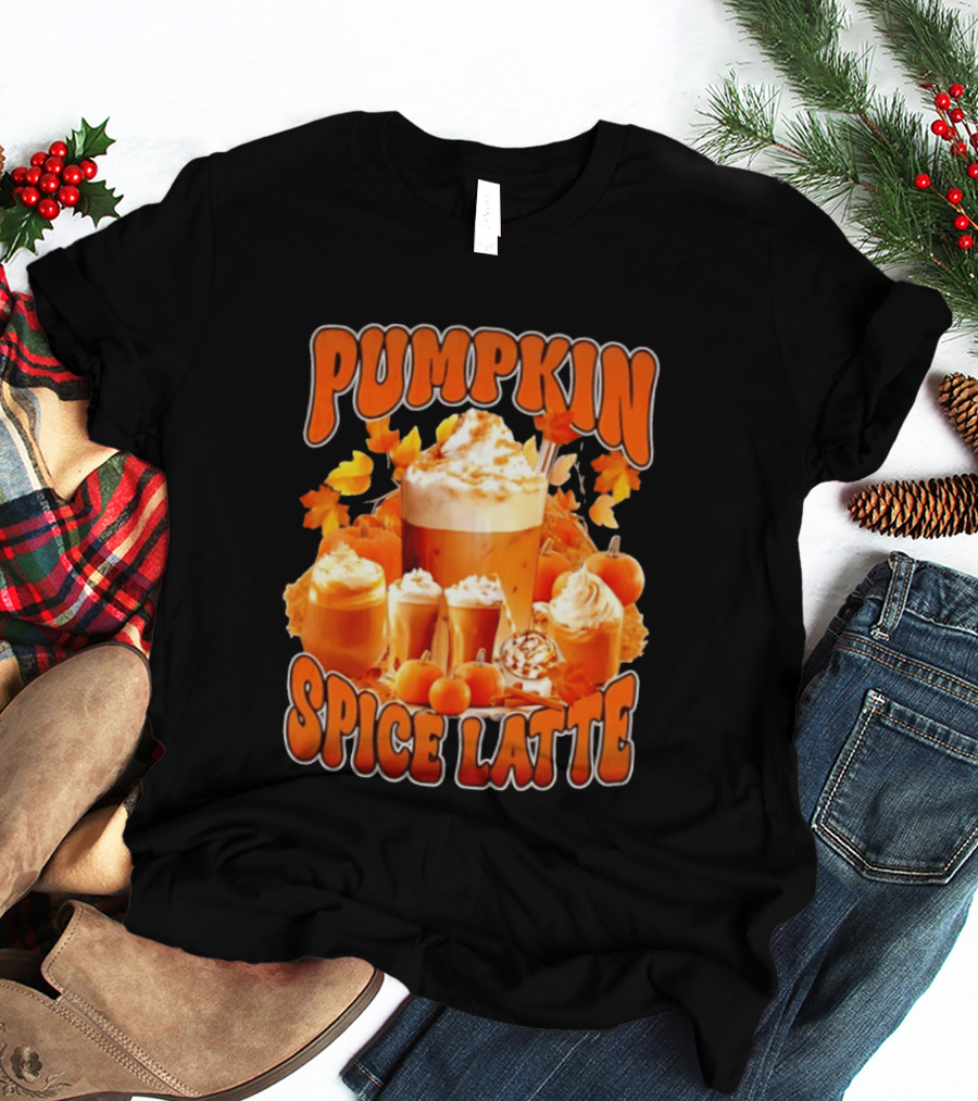 Pumpkin Spice Latte Fall Autumn Halloween Beverage With Whipped Cream And Leaves T-Shirt