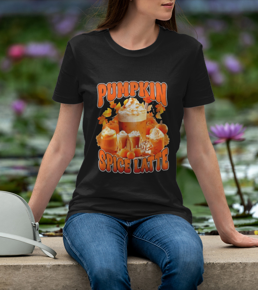 Pumpkin Spice Latte Fall Autumn Halloween Beverage With Whipped Cream And Leaves T-Shirt