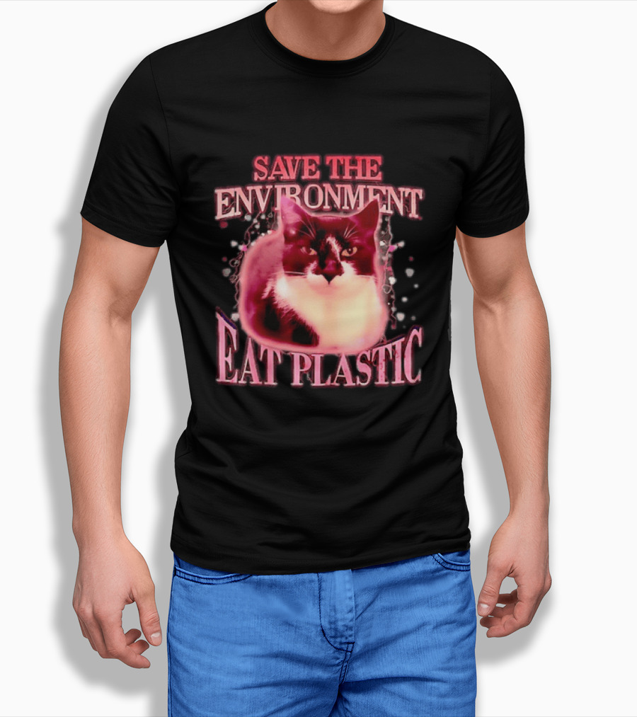 Save The Environment Eat Plastic Cat Humor T-Shirt