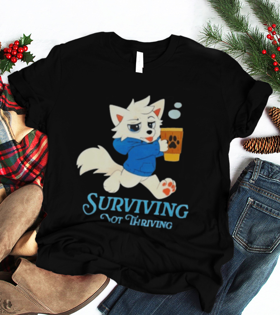 Surviving Not Thriving Cute Fox Coffee Paw Print T-Shirt