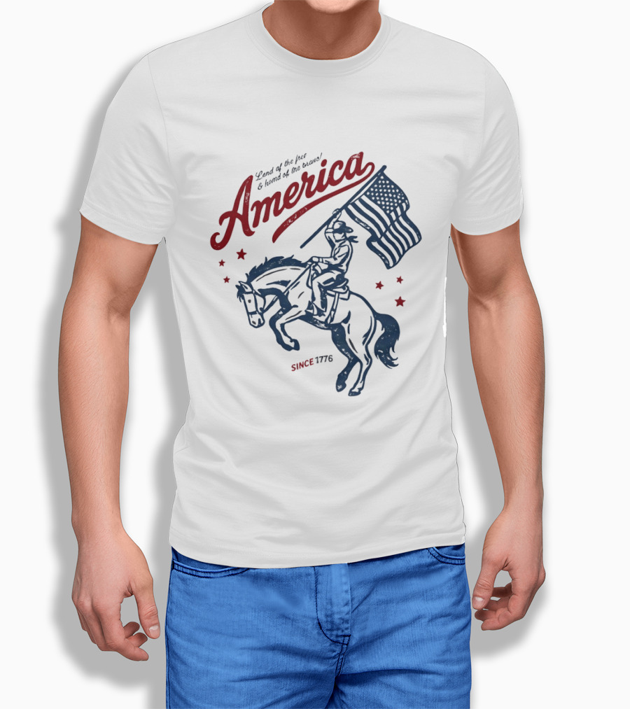 America Land Of The Free Home Of The Brave Since 1776 Cowboy Holding Flag Patriotic T-Shirt