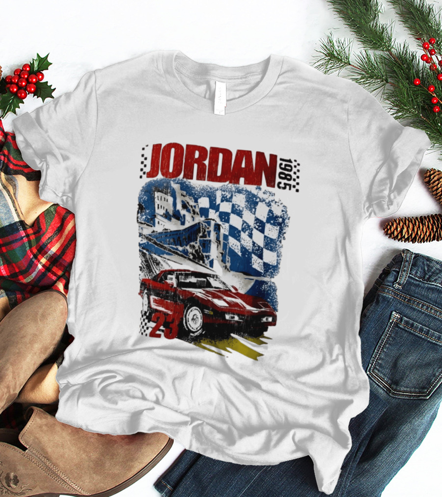 Jordan 23 Racing Brooklyn 1985 Checkered Red Sports Car Blue Flag T-Shirt