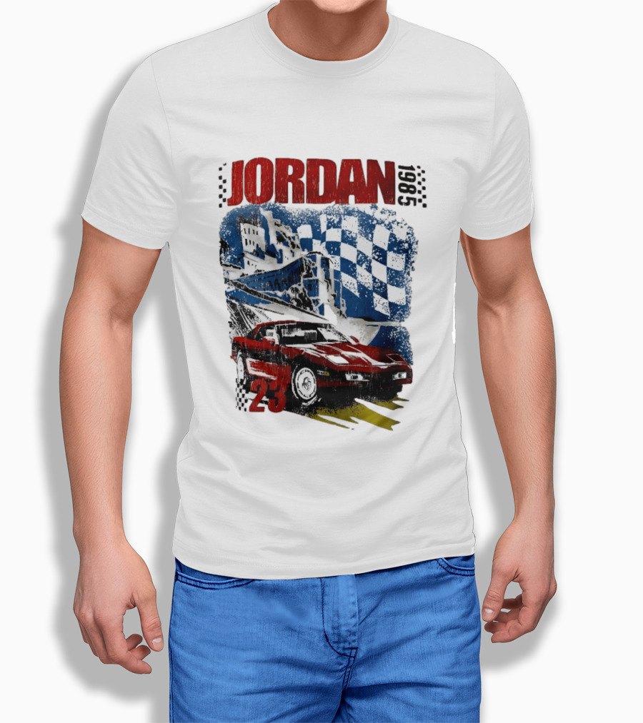 Jordan 23 Racing Brooklyn 1985 Checkered Red Sports Car Blue Flag T-Shirt