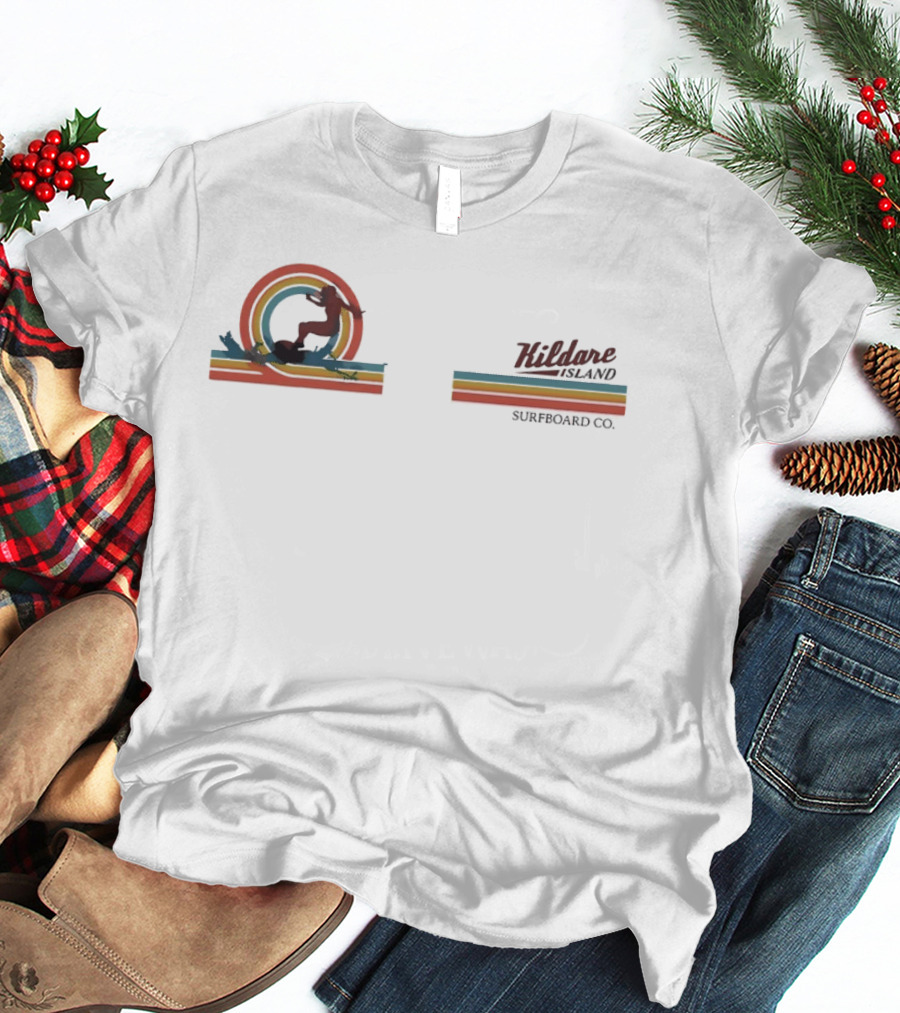Kildare Island Surfboard Co Surfer With Rainbow Silhouette And Stripes T-Shirt