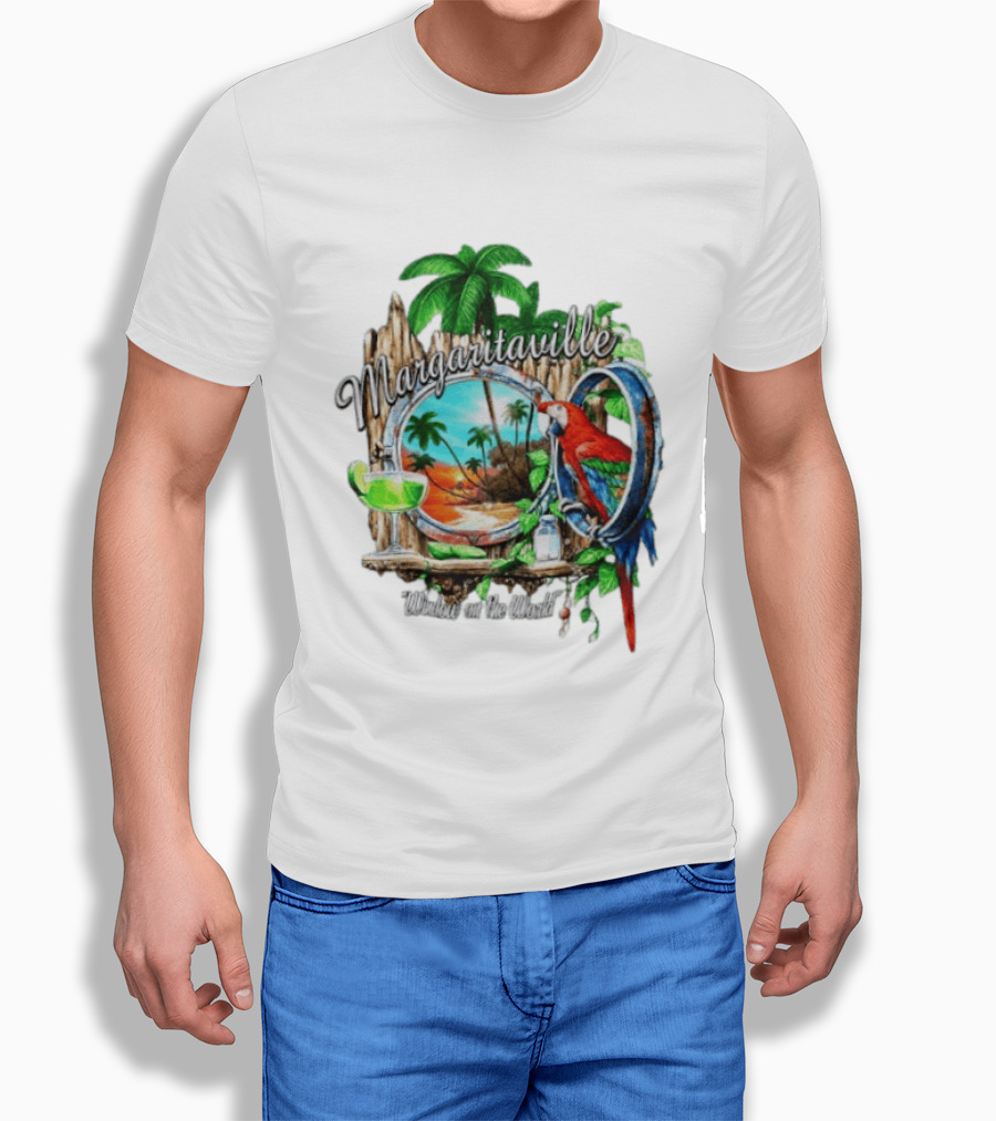Margaritaville Tropical Parrot Beach Scene Window On The World T-Shirt