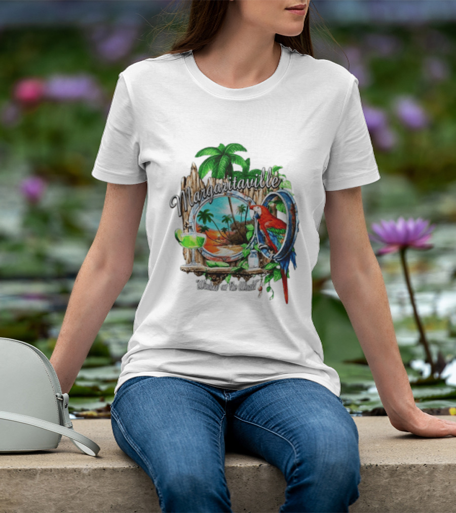 Margaritaville Tropical Parrot Beach Scene Window On The World T-Shirt