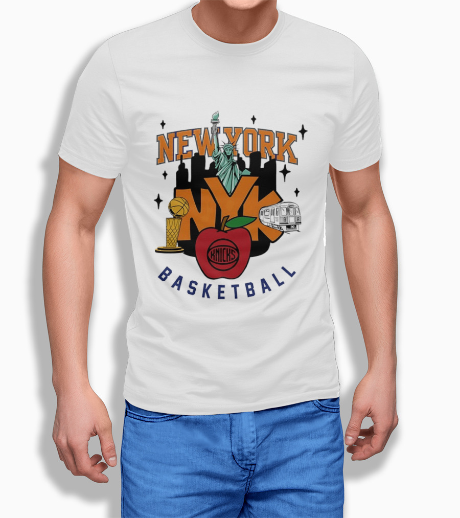 New York Knicks NYK Big Apple Basketball Statue Subway Skyline T-Shirt