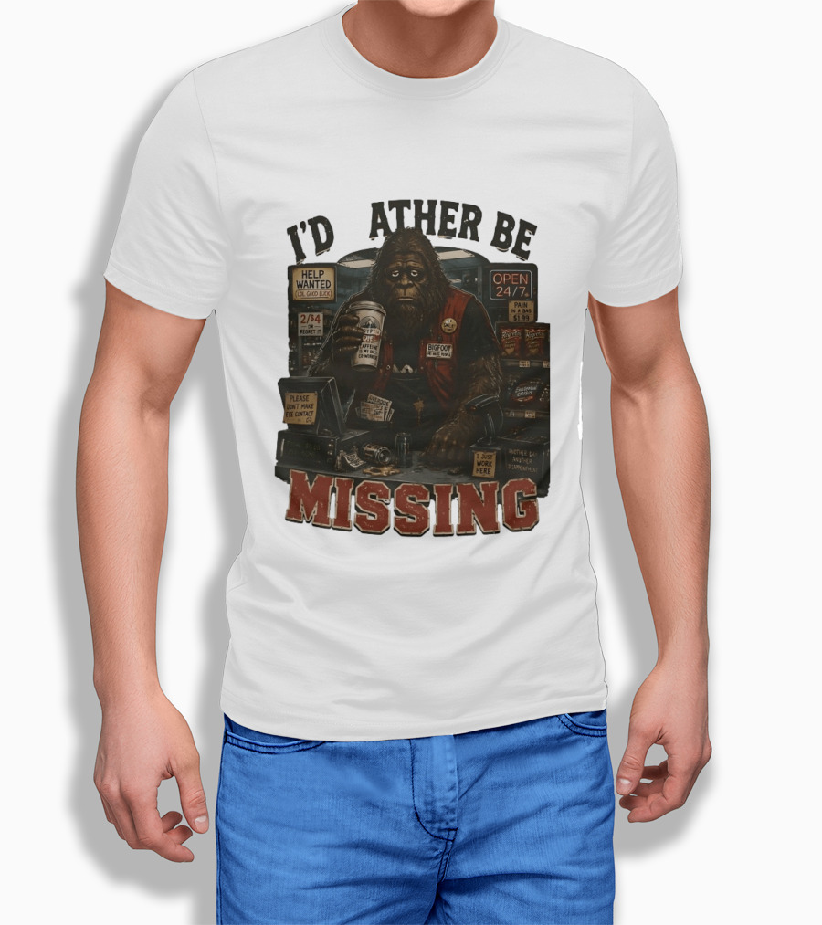 I'd Rather Be Missing Funny Bigfoot Gas Station Clerk Humor T-Shirt