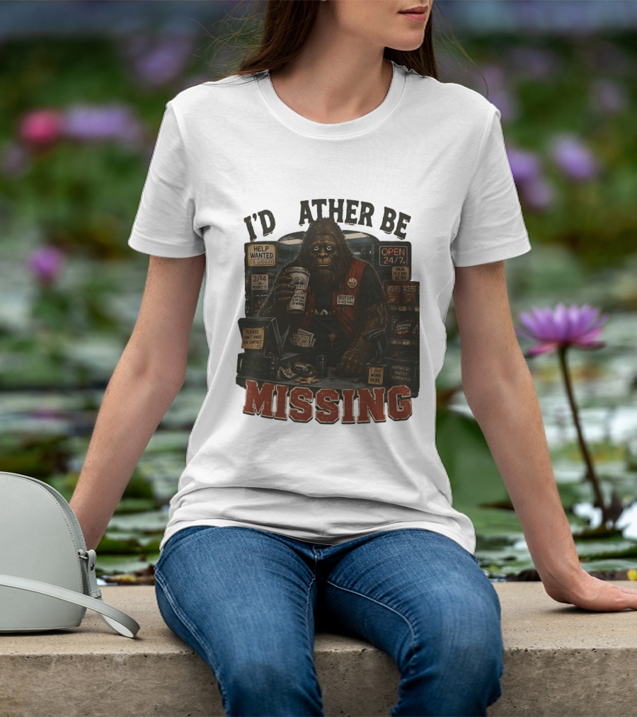I'd Rather Be Missing Funny Bigfoot Gas Station Clerk Humor T-Shirt