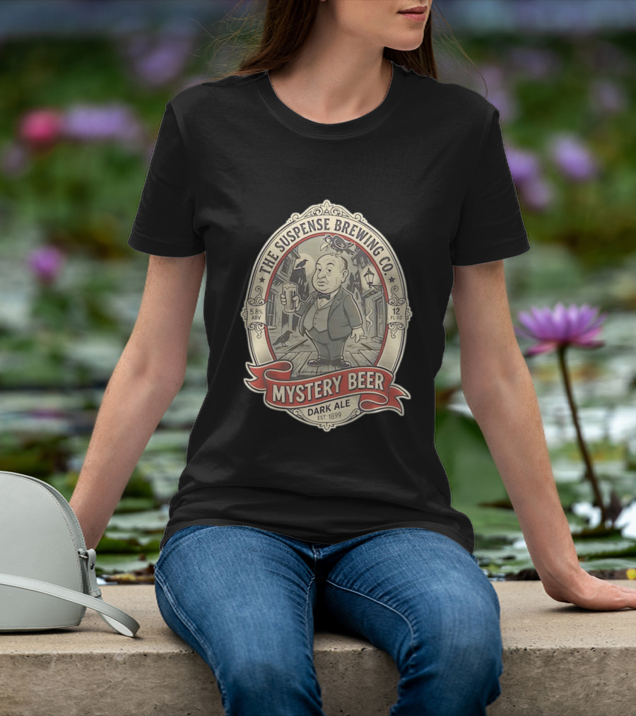 The Suspense Brewing Co Mystery Beer Dark Ale Alfred Hitchcock Est 1899 T-Shirt