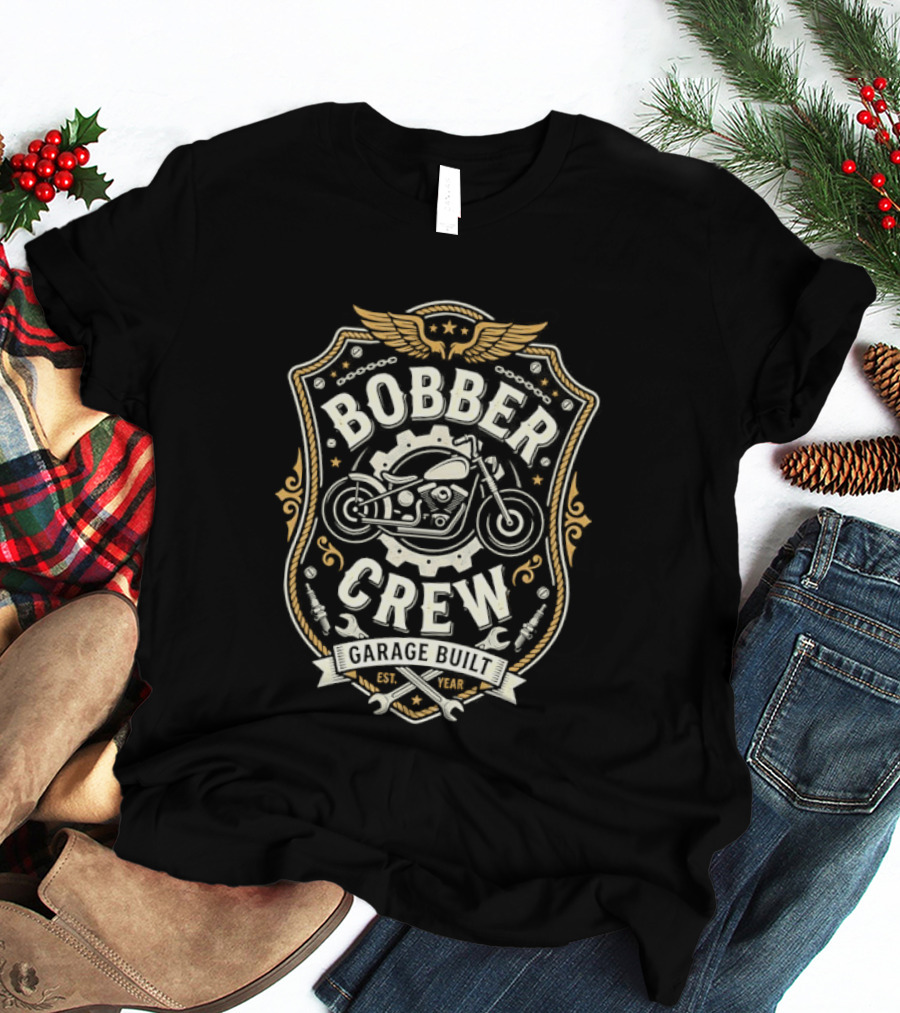 Bobber Crew Garage Built Motorcycle Biker Shield T-Shirt