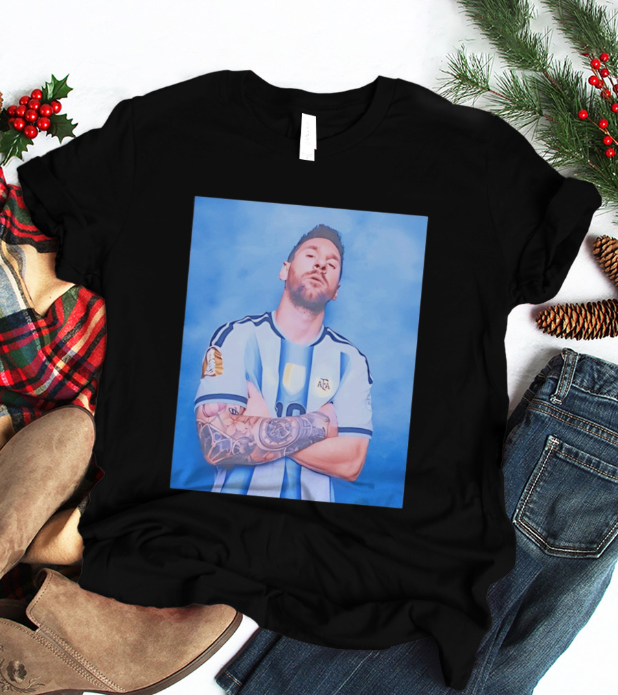 Lionel Messi With Argentina National Team Badge In Blue And White Stripes T-Shirt