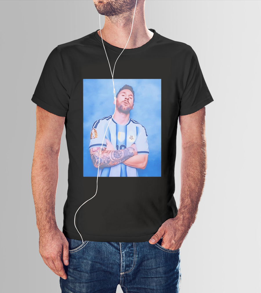 Lionel Messi With Argentina National Team Badge In Blue And White Stripes T-Shirt