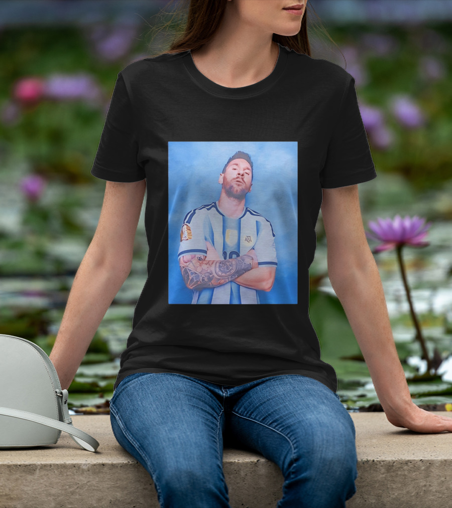 Lionel Messi With Argentina National Team Badge In Blue And White Stripes T-Shirt