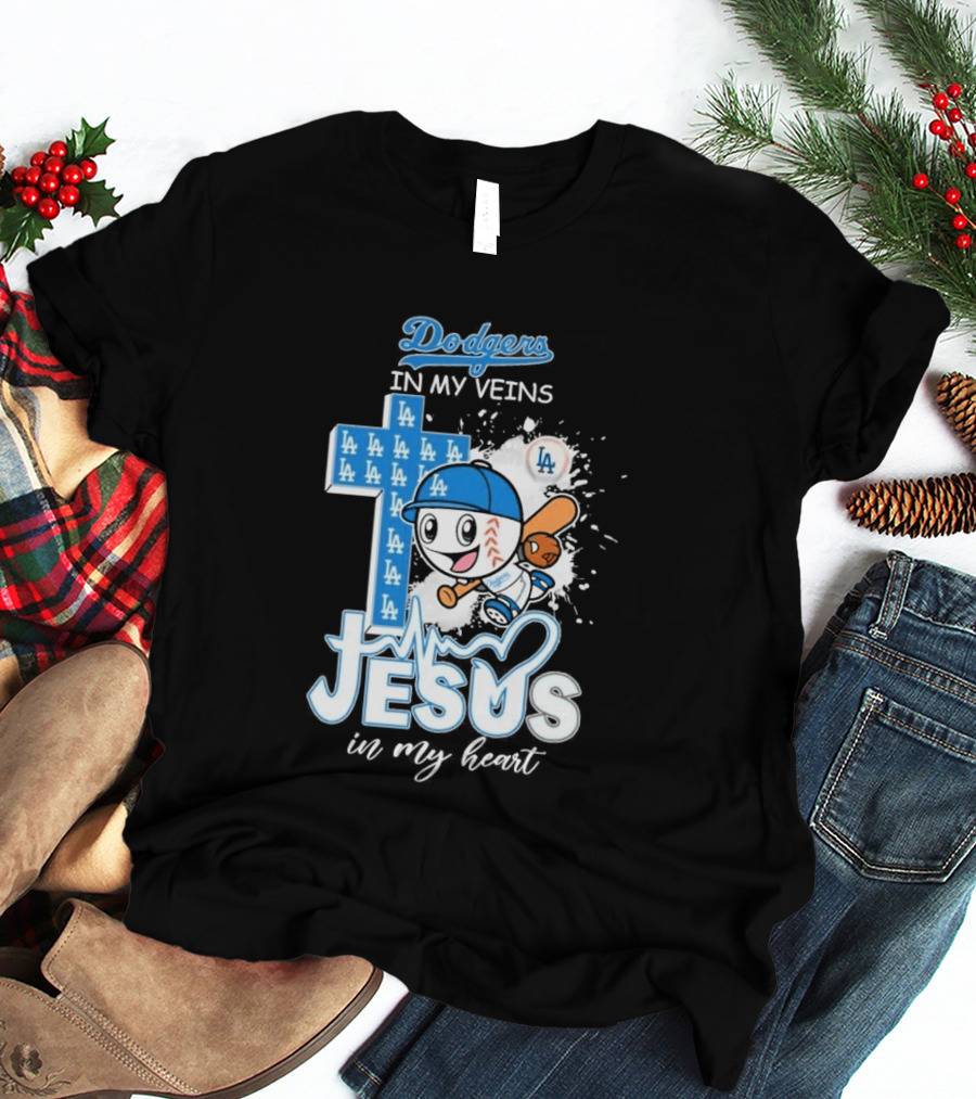 Los Angeles Dodgers In My Veins Jesus In My Heart LA Baseball Cross T-Shirt