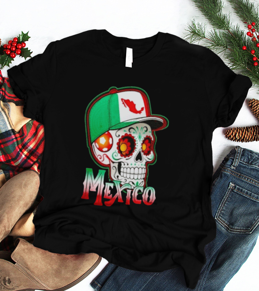 Mexico Sugar Skull Hat Map T-Shirt