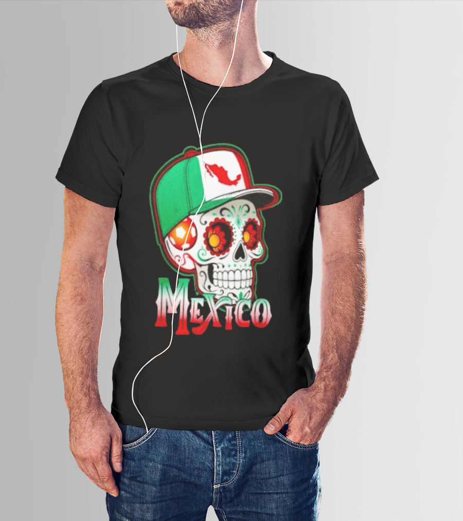 Mexico Sugar Skull Hat Map T-Shirt