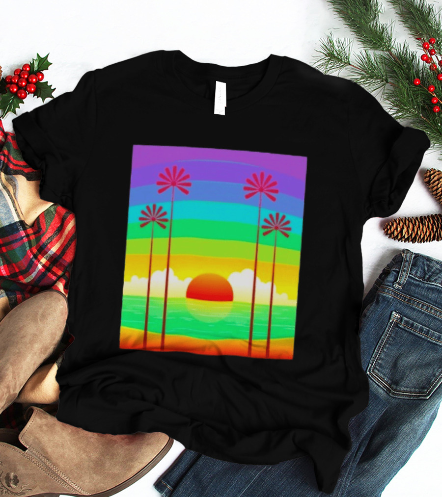 Sunset With Palm Trees And Rainbow Summer Scene T-Shirt