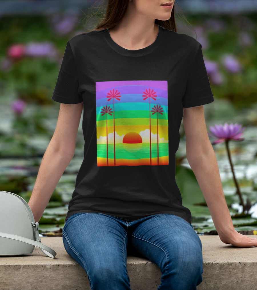 Sunset With Palm Trees And Rainbow Summer Scene T-Shirt