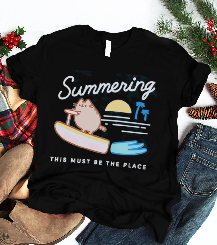 Summering This Must Be The Place Pusheen Surfing Cat Scene T-Shirt