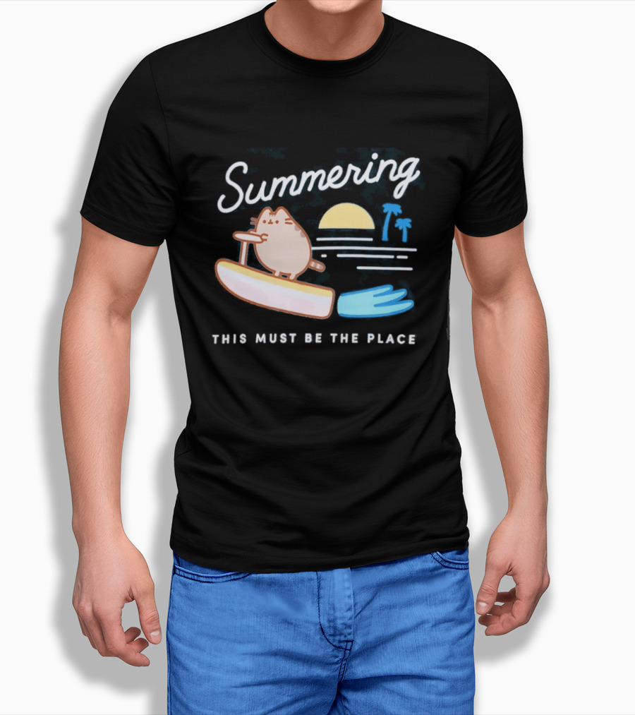 Summering This Must Be The Place Pusheen Surfing Cat Scene T-Shirt