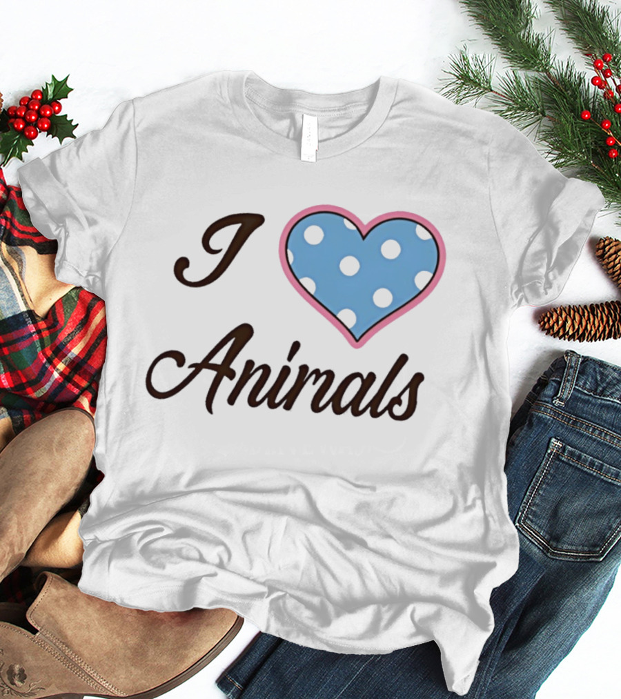 I Love Animals Blue Polka Dot Heart T-Shirt