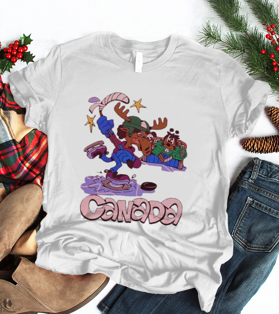 Slushy Noobz Canada Hockey Moose Cartoon Ice Rink Scene T-Shirt