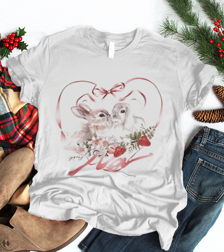 Kissing Rabbits Heart Ribbon Wings Strawberries Cute Love T-Shirt