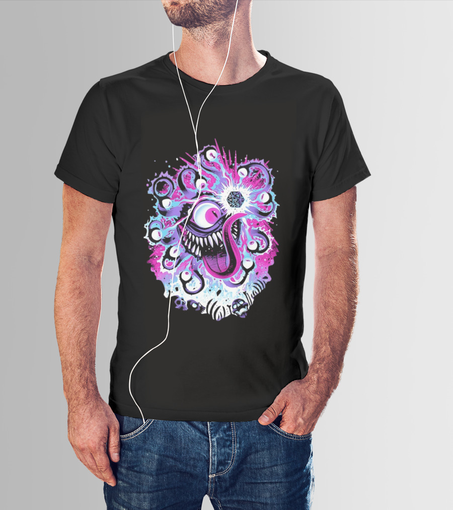 Beholder Dungeons And Dragons Eye Tyrant Illustration With D20 Dice And Psychedelic T-Shirt