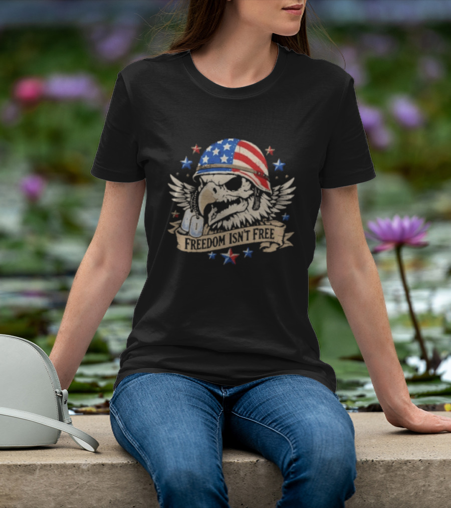 Distressed Eagle Skull Freedom Isn't Free Patriotic American Flag Helmet Stars T-Shirt