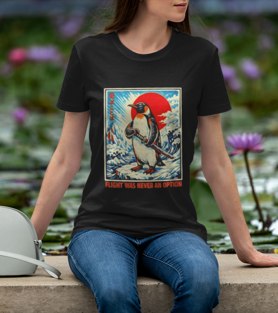 Flight Was Never An Option Japanese Penguin Samurai Rising Sun Katana Waves T-Shirt
