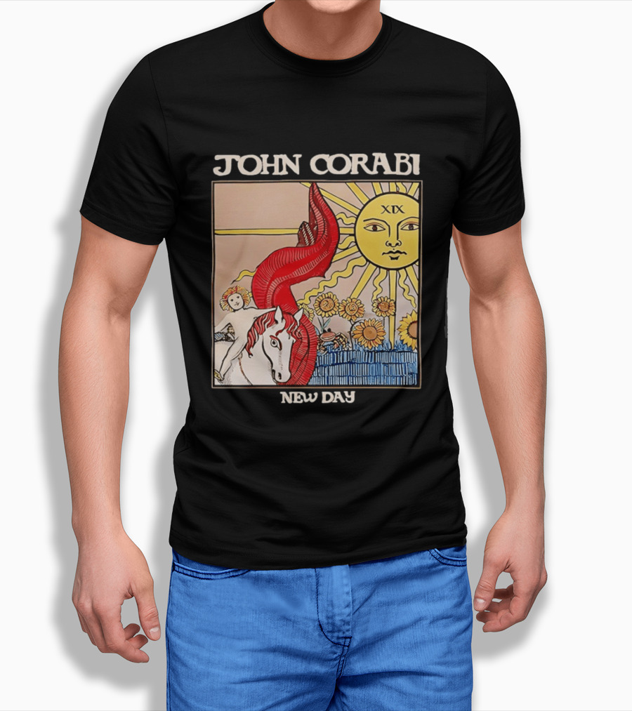 John Corabi New Day The Sun XIX Tarot Card Rider And Sunflowers T-Shirt